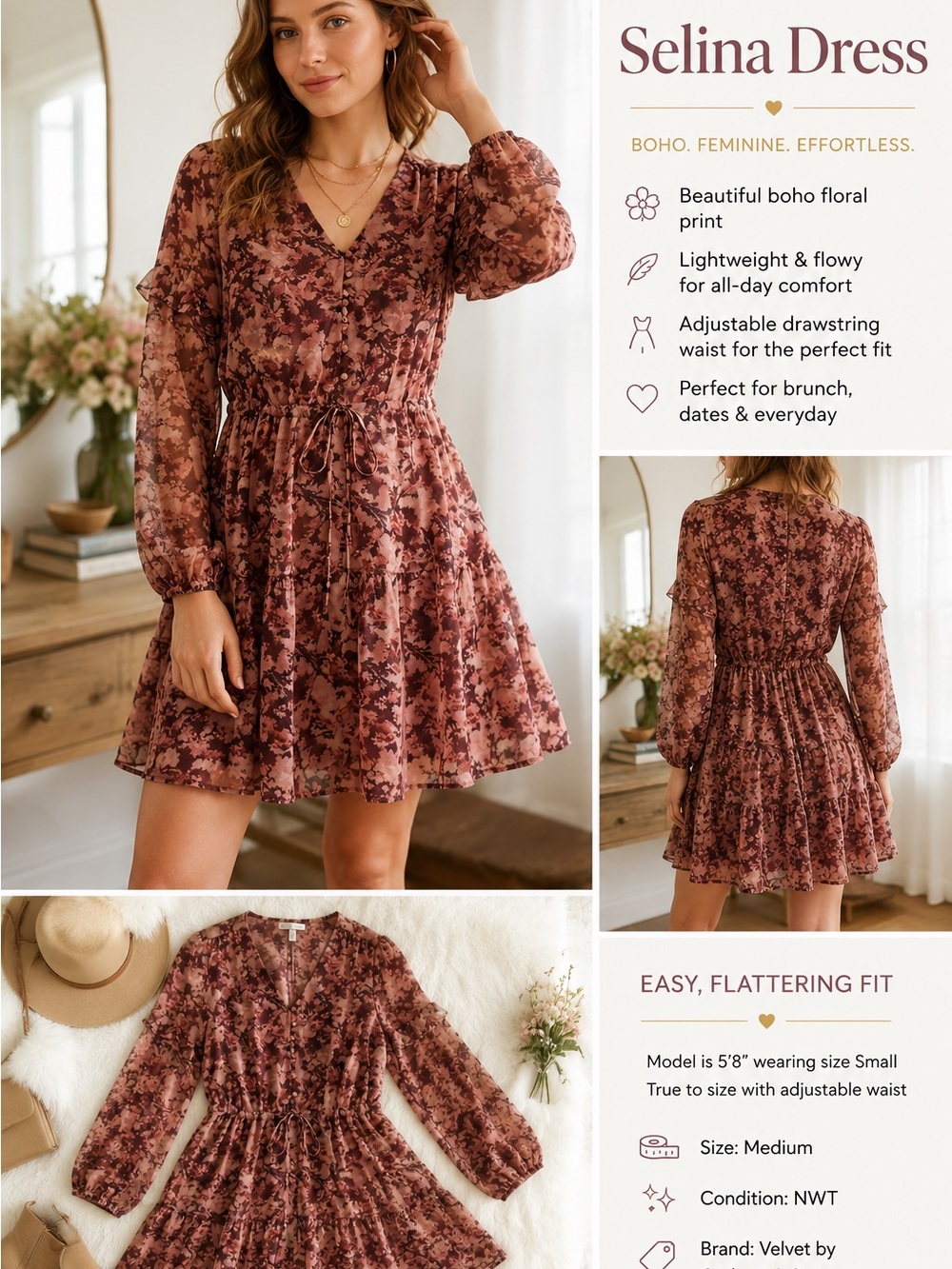 Velvet Graham Spencer Anthropologie Selina Dress Women Medium Boho Floral NWOT